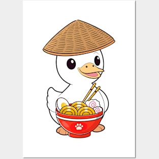 Funny duck is eating noodles Posters and Art